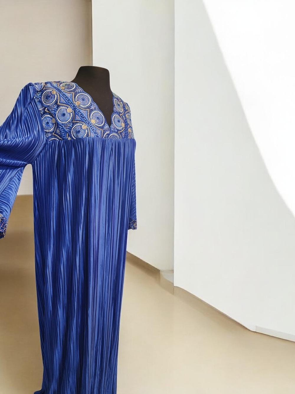 Blue Embroidered Pleated Robe Dress - Brand Unspecified